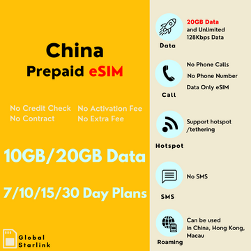 China & Hong Kong Prepaid Travel eSIM Card 10GB/20GB 30Days- China Unicom (Data Only) - G-Starlink